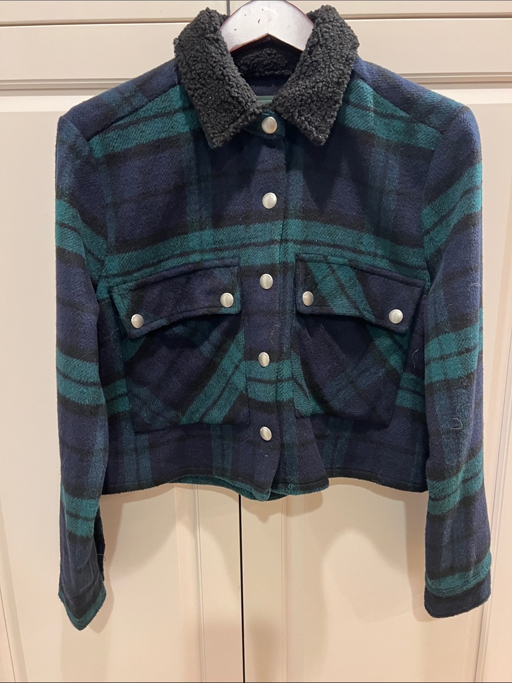 Blank NYC Navy & Teal Plaid Sherpa-Collar Jacket